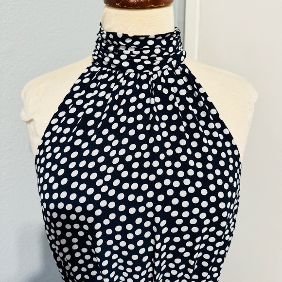 Betsey Johnson Women Navy Blue Polka Dot Sleeveless Turtle Neck Ruffled Dress 4 - Picture 3 of 12